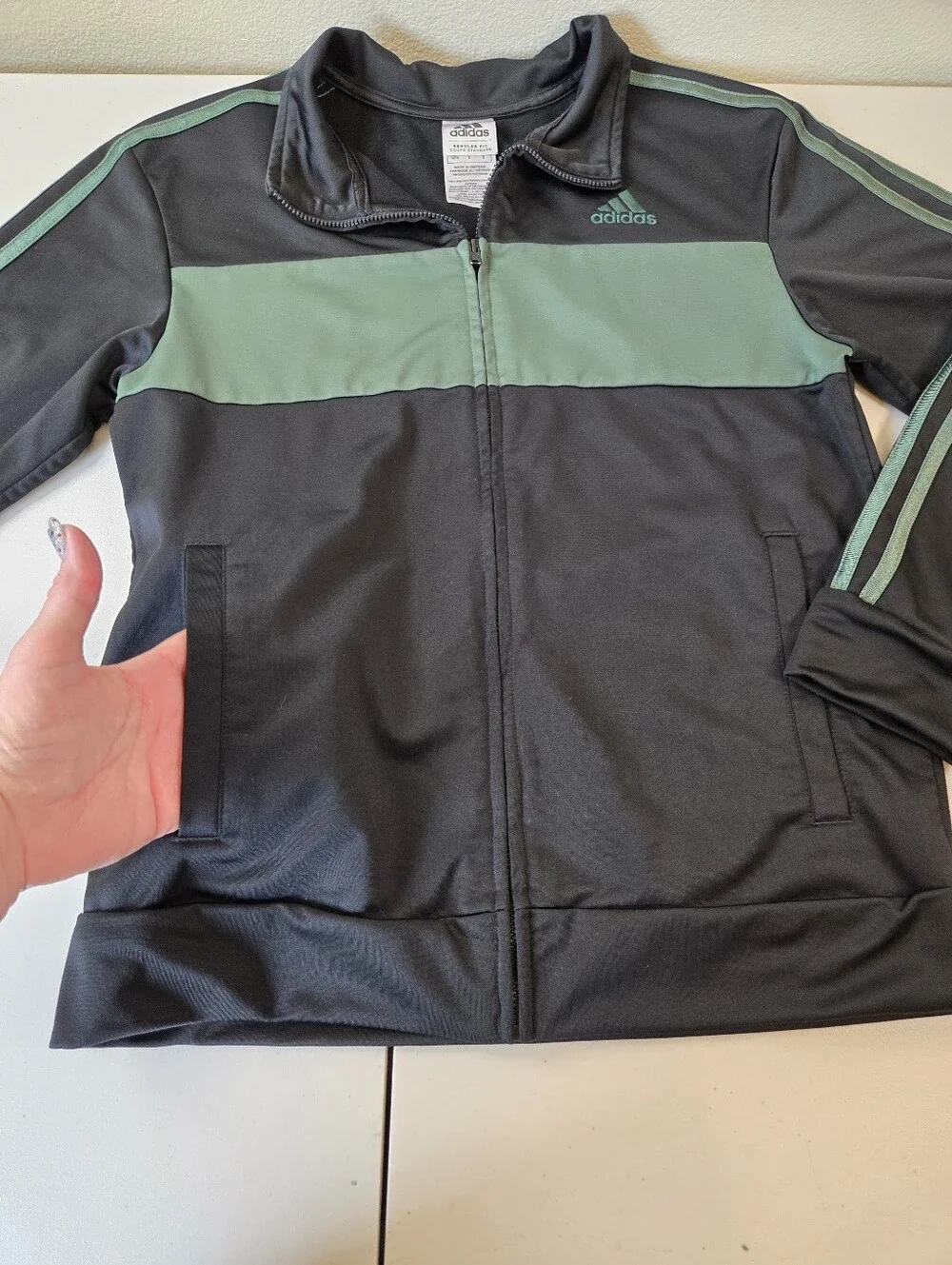 Adidas Black and Green Kids' Track Jacket Large 14/16